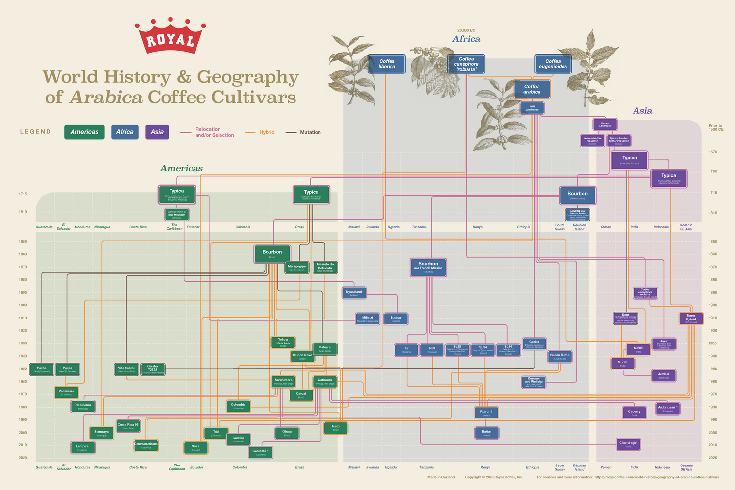 Diagram of world history and geography of Arabica coffee cultivars with labeled regions.